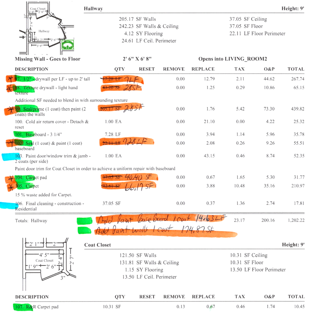 A printed insurance repair estimate marked with orange, blue, and green highlighter and handwritten adjustments.